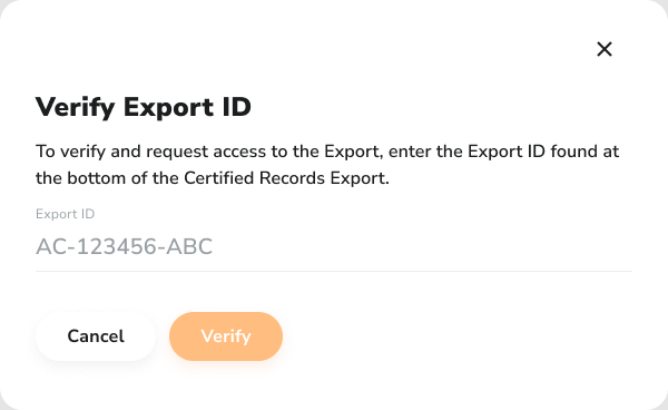 Enter the Export ID from the bottom of the Certified Records Export