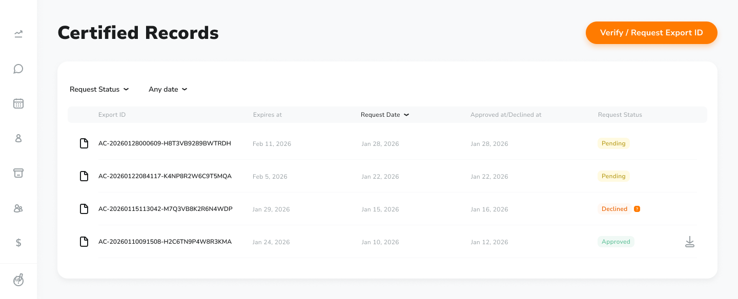 Certified Records, with Verify / Request Export ID